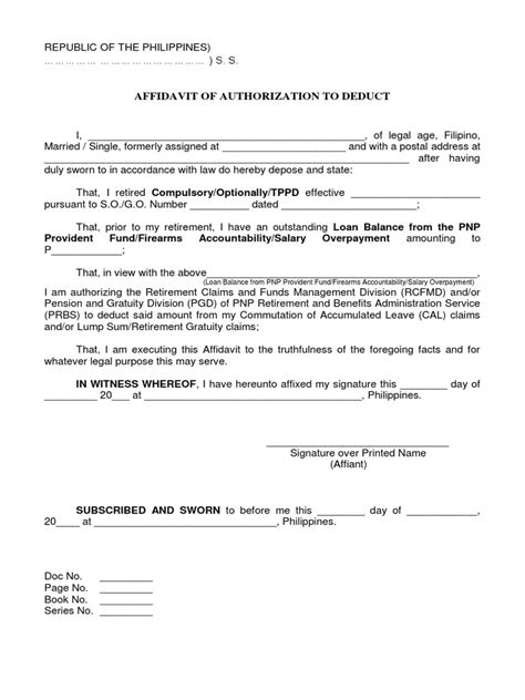 Affidavit of Authorization To Deduct: Provident Fund/Firearms.